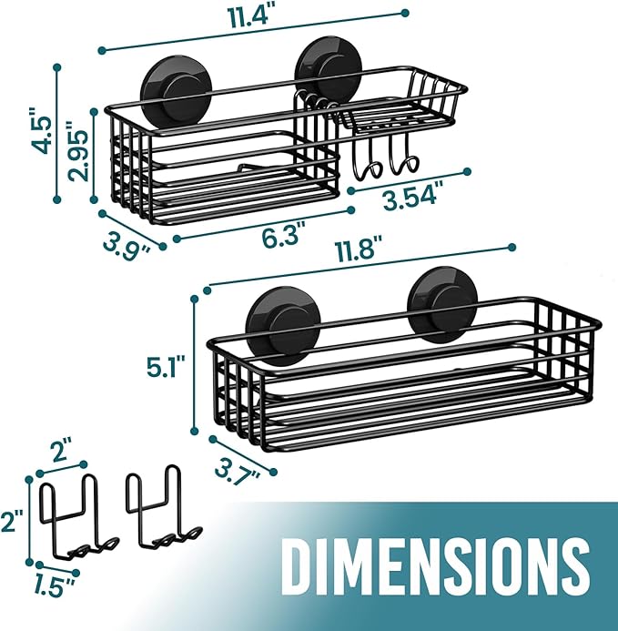 Shower Caddy Suction Cup 2 Pack with Hooks & Soap holder, Heavy Duty Shower Organizer for Bathroom, No Drilling Black Shower Shelves for Inside Shower, Black Metal Shower Holder