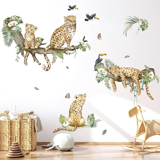 decalmile Leopard Safari Wall Decals Jungle Animals Cheetah Wall Stickers Baby Nursery Boys Girls Bedroom Playroom Home Decor