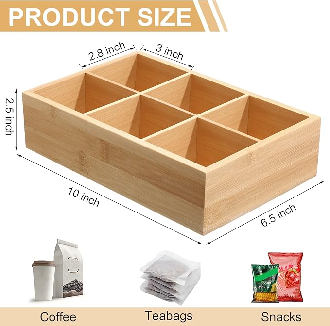 Bamboo Divided Storage Organizer Bamboo Container with 6 Compartments Wood Food Storage Bin Wooden Tea Drawer Box Bamboo Pantry Bin Wooden Holder Case for Snacks Tea Bags Coffee Sugar