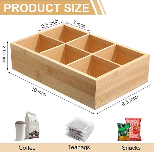 Bamboo Divided Storage Organizer Bamboo Container with 6 Compartments Wood Food Storage Bin Wooden Tea Drawer Box Bamboo Pantry Bin Wooden Holder Case for Snacks Tea Bags Coffee Sugar