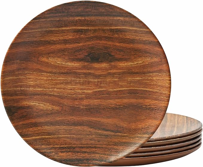 TP 11" Melamine Dinner Plates, 6-piece Plate Set Unbreakable Serving Dishes for Indoor and Outdoor, Unbreakable Dinner Service for 6, Rosewood Grain