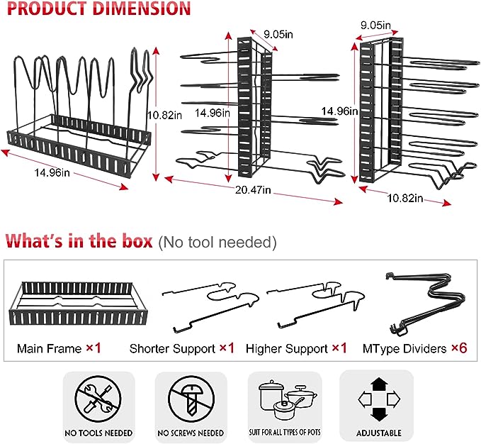 Organizador de ollas y sartenes de 8 niveles para organización y almacenamiento de cocina 