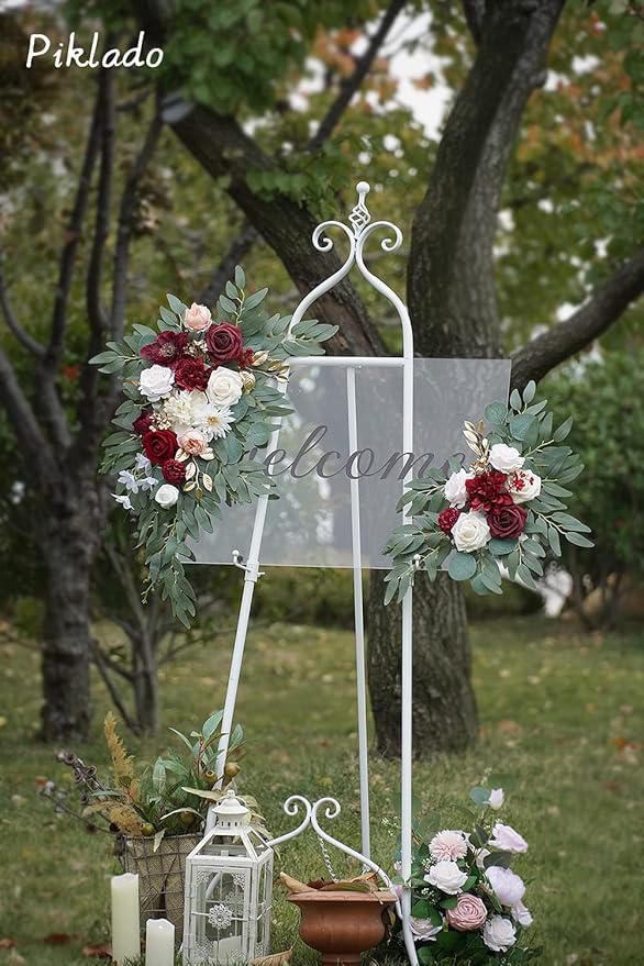 Faux Flower Swag Set of 2 for Wedding Welcome Signs Floral Swag Wedding Reception Ceremony Signs Decor (Red)