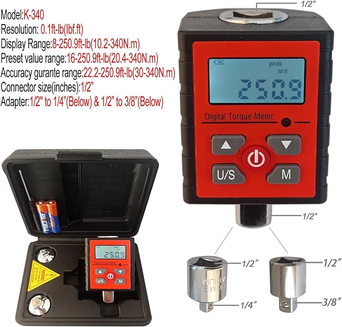 Adaptador de torsión digital La unidad de 1/2" incluye adaptadores para convertidor de torsión Wench de 3/8" y 1/4" de 8-250,9 ft-lb con configuración de alarma y probador del medidor de torsión