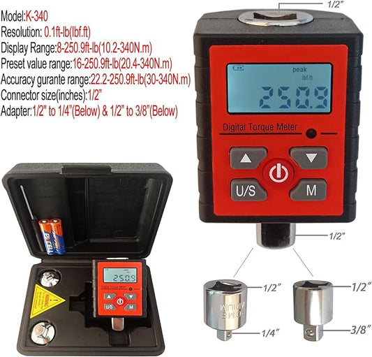 Digital Torque Adapter 1/2" Drive include adapters for 3/8" and 1/4" 8-250.9ft-lb Torque Wench Converter with alarm torque settings torque meter tester