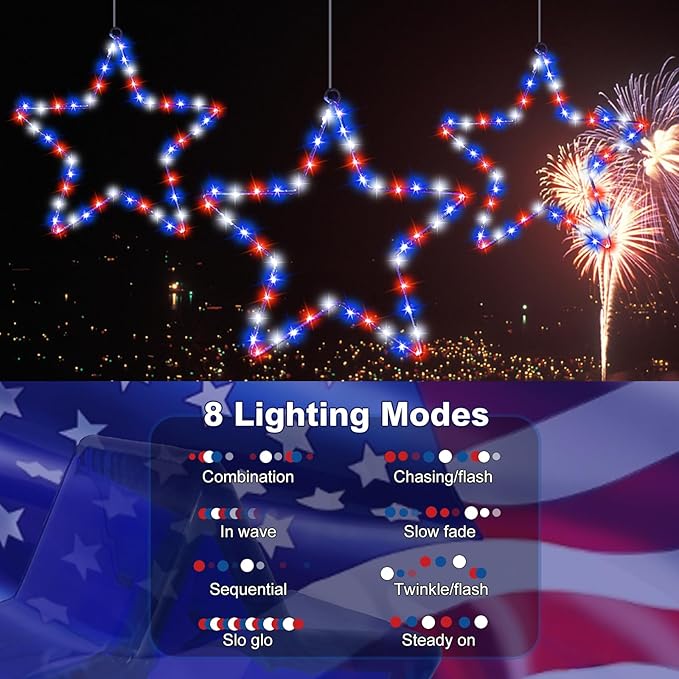 3 Pack Red White and Blue Window Lights USB Powered Metal Framed Hanging Star Lights with Remote for Fourth of July, Independence Labor Memorial Day Patriotic Home Decor