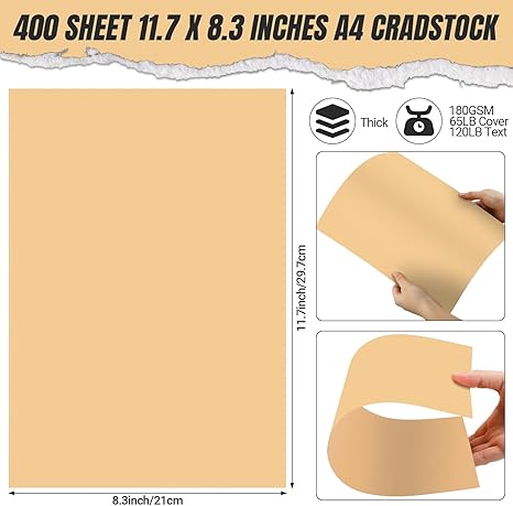 400 Sheets 11.7 x 8.3 Inch Cardstock Colored Card Stock Blank Cardstock Paper 180g Craft Paper A4 Size for Scrapbooking Cards Making Arts DIY Invitations Supplies Printer Poster (Kraft Color)