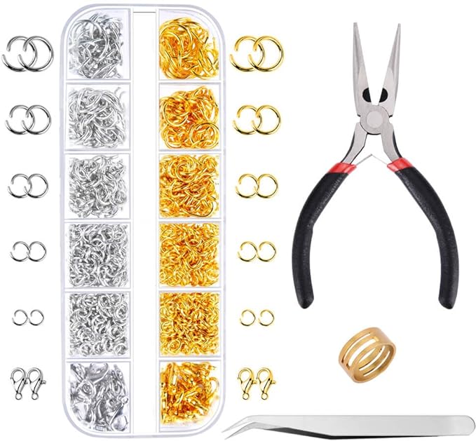 Paxcoo 1200Pcs Open Jump Rings and Lobster Clasps Jewelry Findings Kit with Pliers for Jewelry Making (Silver and Gold)