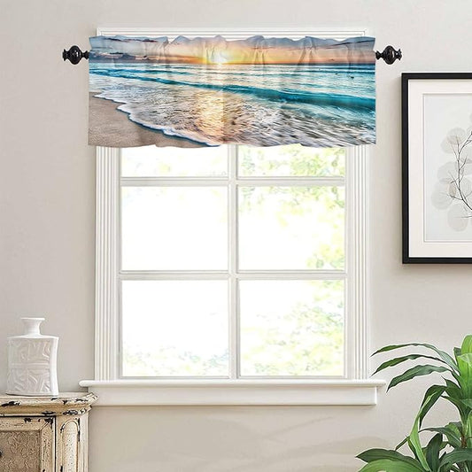 54"x18" Sunset Seascape Waves and Beach Semi Sheer Valance for Windows Rod Pocket Short Window Treatment Decor Curtains Light Filtering Kitchen Valance