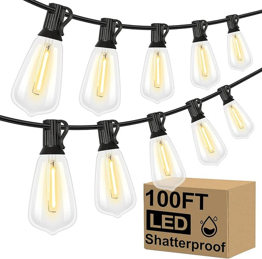 Brightever LED Outdoor String Lights 100FT Patio Lights with 52 Shatterproof ST38 Vintage Edison Bulbs, Outside Hanging Lights Waterproof for Porch, Deck, Garden, Backyard, Balcony, 2700K Dimmable