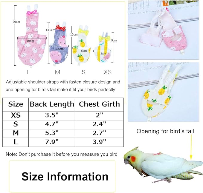 4 Pc M. Bird Diaper Flight Suite Liners, Protective Parrot Nappy with Waterproof Inner Layer, Cute Urine Wet Suit for Macaw African Budgies Parakeet Agapornis Fischeri Cockatiel