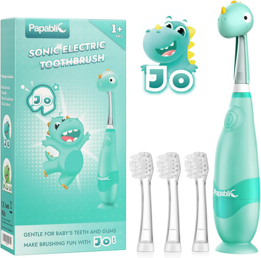 Papablic Toddler Sonic Electric Toothbrush for Ages 1-3 Years, Baby Electric Toothbrush with Cute Dino Cover and Smart LED Timer, 3 Brush Heads