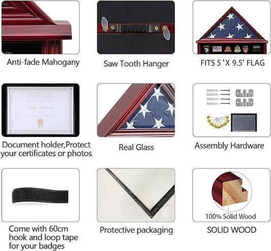 Large Military Shadow Box Solid Wood Burial Flag Display Case for American Veteran Flag Display Fit a Folded 5'x9.5' Flag Military Flag Display Case with Certificate Holder, Mahogany Finish