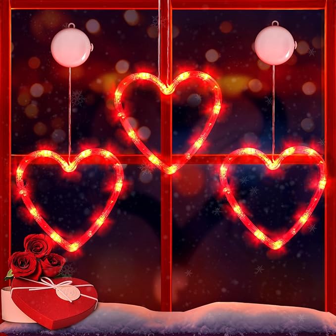 3Pcs Valentine's Day Window Lights, Red Heart Shaped Valentine's Day Window Decorations Battery Powered Hanging Romantic Lights with Suction Cup&Timer for Valentines Day Wedding Anniversary Home Decor