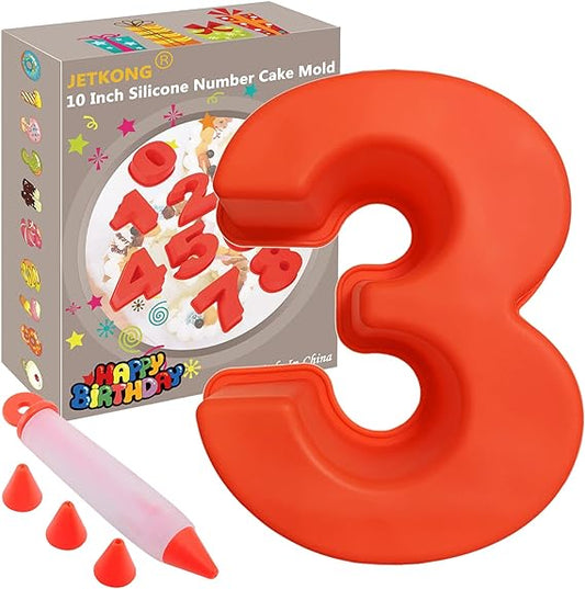 Number 3, 10" Silicone Number Cake Mold DIY Baking Cake Pan with Decorating Pen