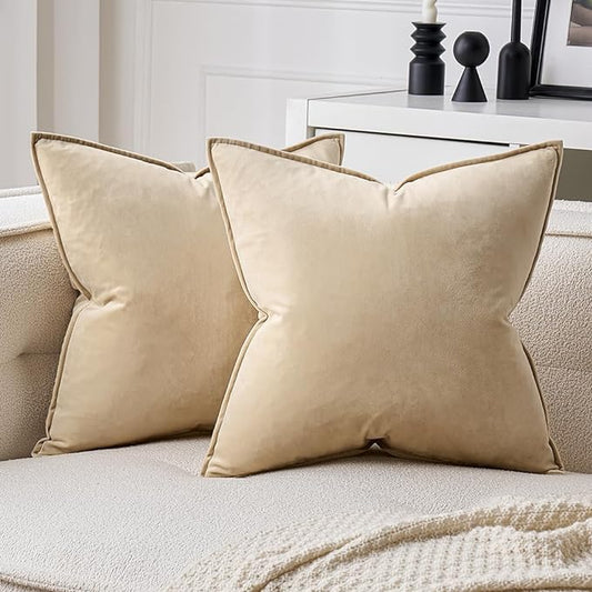 MIULEE Beige Decorative Velvet Throw Pillow Covers Soft Pillow Covers Soild Square Cushion Case for Sofa Bedroom 16x16 Inch