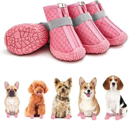 Dog Shoes for Small Dogs, Waterproof Dog Boots Paw Protector for Hot Pavement Winter Snow, Dog Booties with Reflective Strips Rugged Anti-Slip Sole for Hardwood Floors Outdoor Walking Pink Size 3