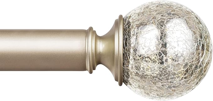 KAMANINA 1 Inch Curtain Rod 32 to 58 Inches (2.6-4.8ft), Champagne Gold Curtain Rods for Windows, Single Drapery Rods with Crackle Glass Finials