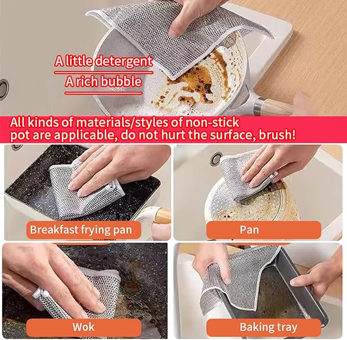 Multipurpose Wire Dishwashing Rag: Non-Scratch Mesh Dishcloth for Kitchen Cleaning, Durable Stainless Steel Scrubber, Suitable for Wet and Dry Use