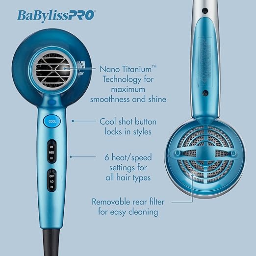 Secador de pelo BaBylissPRO, secador de pelo de nano titanio de 2000 vatios, profesional/iónico