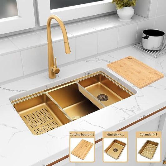 Gold Undermount Kitchen Sink 32×18 Inch, Stainless Steel Workstation Kitchen Sink, Single Bowl Kitchen Sinks with Kitchen Sink Strainer