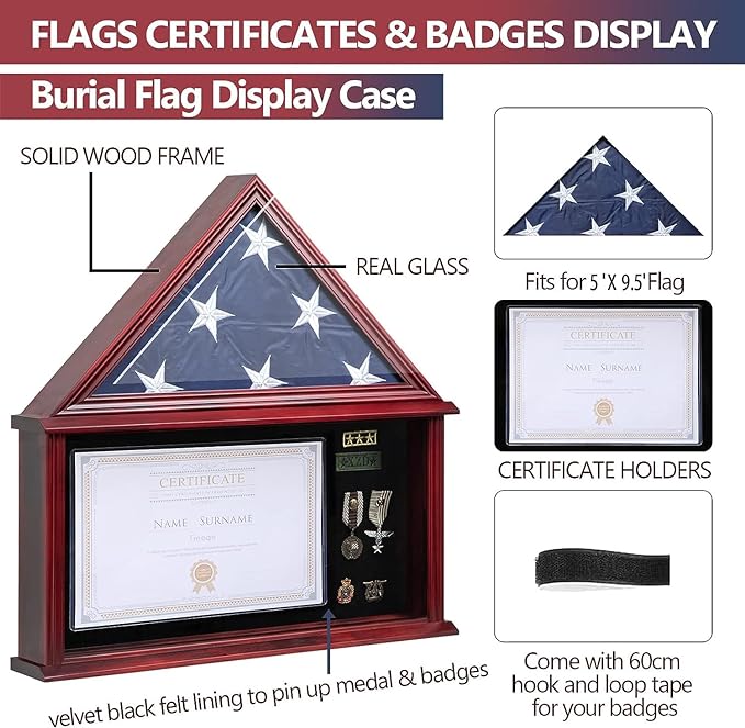 Large Military Shadow Box Solid Wood Burial Flag Display Case for American Veteran Flag Display Fit a Folded 5'x9.5' Flag Military Flag Display Case with Certificate Holder, Mahogany Finish