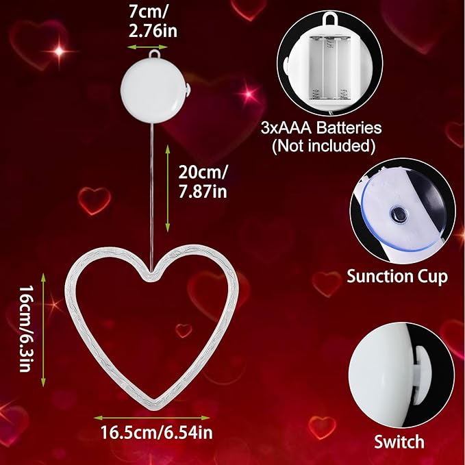 3Pcs Valentine's Day Window Lights, Red Heart Shaped Valentine's Day Window Decorations Battery Powered Hanging Romantic Lights with Suction Cup&Timer for Valentines Day Wedding Anniversary Home Decor