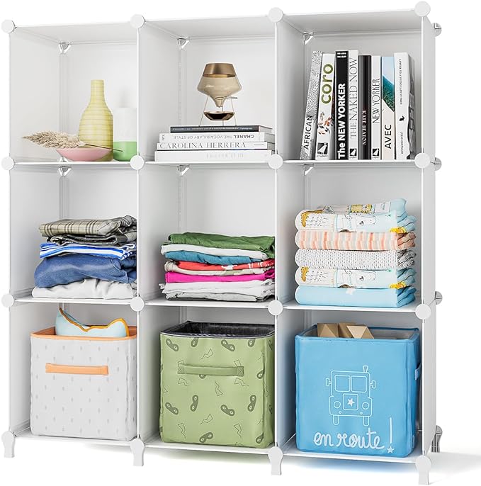 9 Storage Cubes Closet Organizers and Storage Portable Cube Storage Organizer Plastic Bookshelf Bookcase for Study Room, Bedroom, Office, White