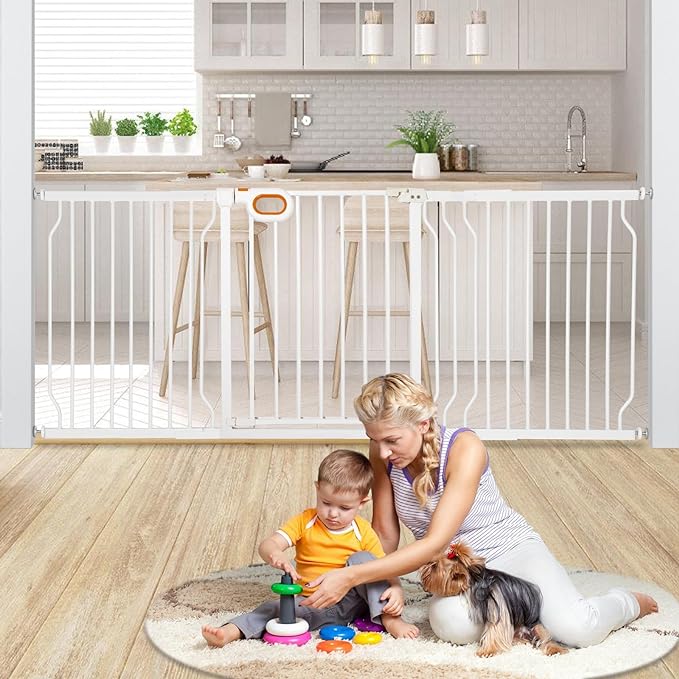 owlie Baby Gate with Door 66-75 Inch, Extra Wide Stair Gates for Kids Adjustable Wide Baby Pet Gate Stairway Large Baby Gates Pressure Mount for Pets for House Stairway Doorway White (30.5'' Tall)