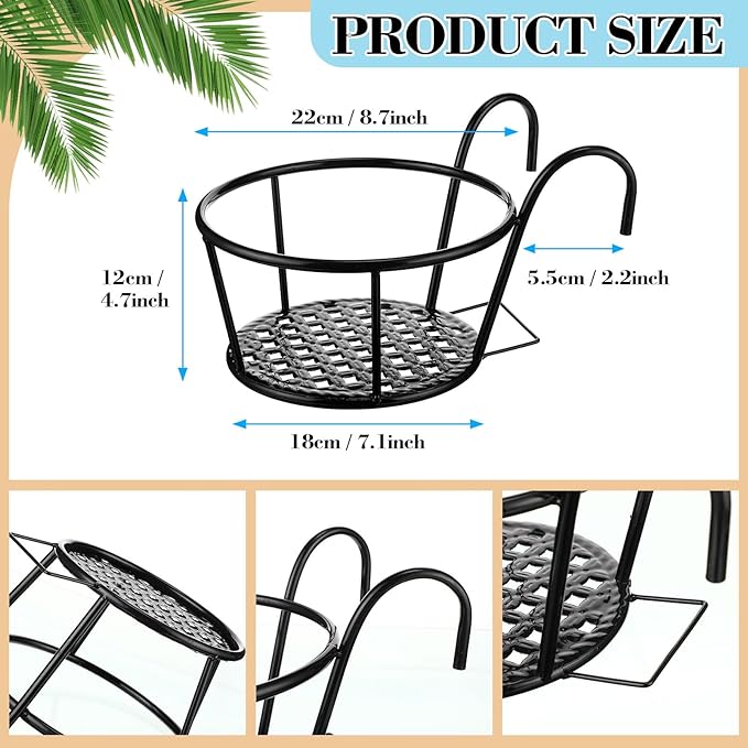 8.7'' Iron Metal Tray Planters Hanging Railing Baskets for Indoor Outdoor Plants(Black)