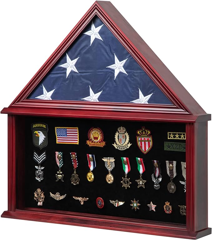 Large Military Shadow Box Solid Wood Burial Flag Display Case for American Veteran Flag Display Fit a Folded 5'x9.5' Flag Military Flag Display Case with Certificate Holder, Mahogany Finish