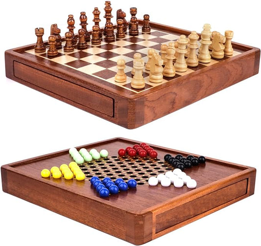 Juego de damas chinas, ajedrez de madera y damas chinas, juego de ajedrez magnético OOCOME, juegos de mesa de ajedrez y damas 2 en 1 con cajón de almacenamiento, caja de nogal 