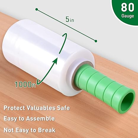 2 Pack Stretch Wrap with Handles 5" 1000 ft 80 Gauge Industrial Mini Clear Film Moving Wrapping Plastic Roll Shrink Wrap for Pallet Wrap