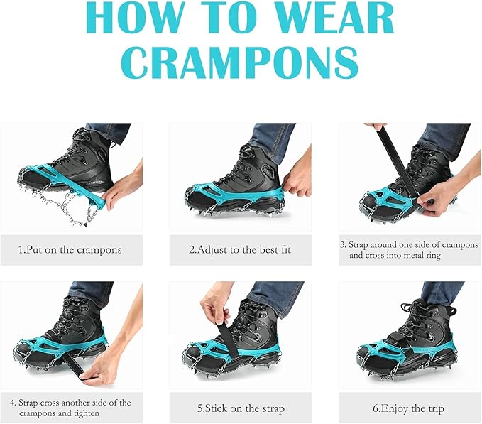 Med. Crampons Ice Cleats Traction Snow Grips for Boots Shoes Women Men Anti Slip 19 Stainless Steel Spikes Safe Protect for Hiking Fishing Walking Climbing Mountaineering