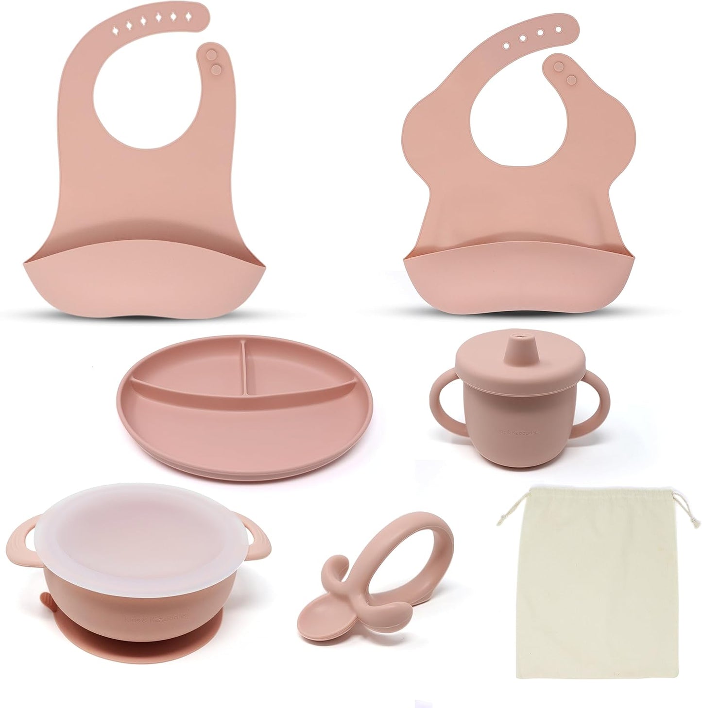 7 Piece Starter Set for Infant First Solid Food. Self Feeding with an anti-gagging spoon. Infant Training Spoon- Quartz Pink