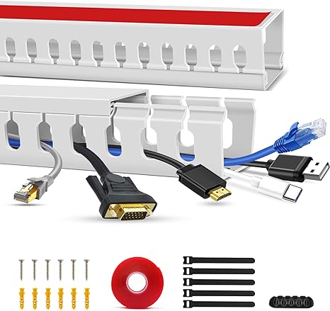 Cable Duct Management Raceway Kit, 31.4" (2 x 15.7) Server Rack Cable Management, Cable Management for Hide Network HDMI VGA Cable, Open Slot Cable Track Desk Wire Channel, Cable Raceway White 2 Pack