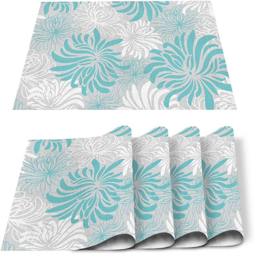 Set of 4 Floral Placemats Teal, Gray and White