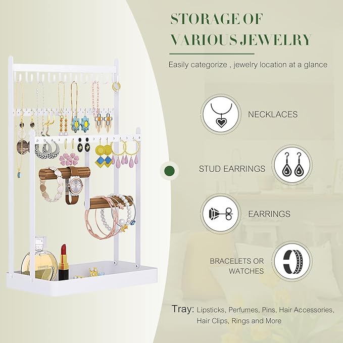 Jewelry Organizer Jewelry Display Stand, Jewelry Holder Necklace Organizer with Tray, Metal Jewelry Tower Rack Tree for Earring Necklace Ring Bracelets Display and Storage, White