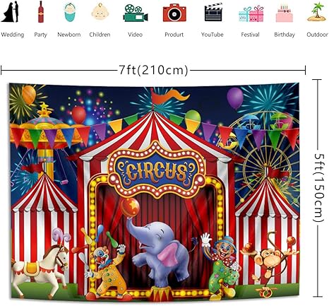 Red Circus Backdrop Amusement Park Tents Stratus Playground Carnival Carousel Kids Boy Girl 1st First one Birthday Party Background Photo Baby Shower, 7x5FT