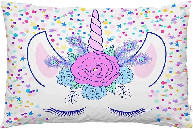 Funda de almohada con diseño de unicornio, floral y plumas, feliz cumpleaños, bendecido 