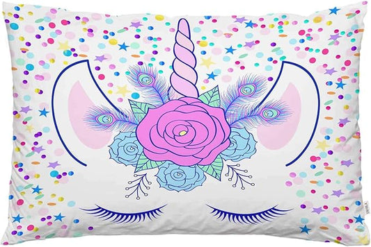 Funda de almohada con diseño de unicornio, floral y plumas, feliz cumpleaños, bendecido 