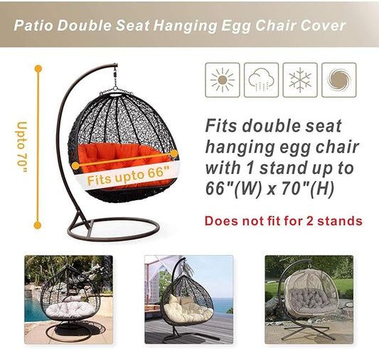 Porch Shield Patio Hanging Egg Chair Cover - 600D Waterproof Outdoor Double Seat Wicker Swing Egg Chair with Stand Protector, Light Tan & Khaki