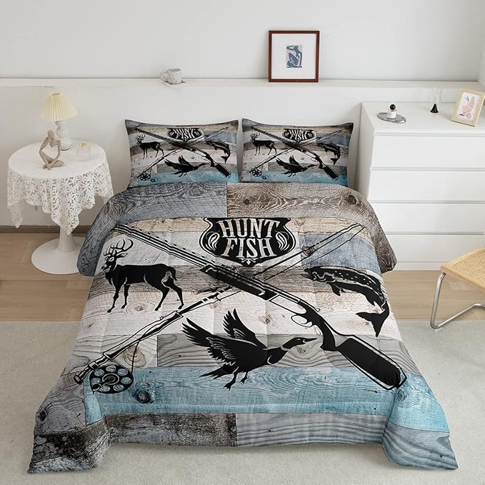 Hunt Fish Bedding Comforters Queen Size,Deer Bird Fish Animal Hunting Comforter Set Adult Women Room Decor,Rustic Retro Wooden Board Soft Duvet Set with 2 Pillowcases,3Pcs