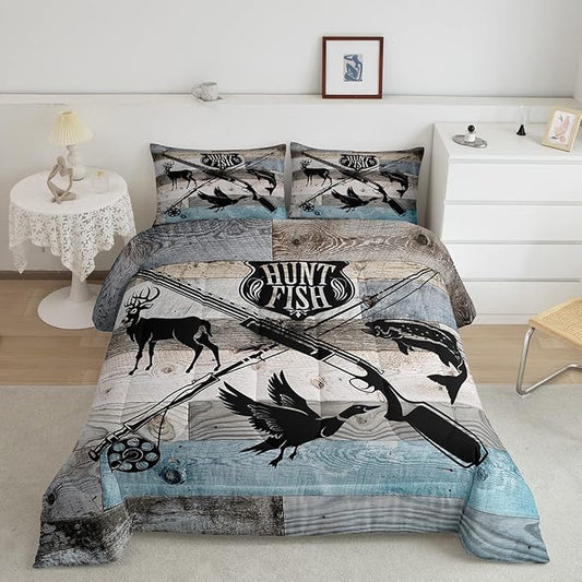 Hunt Fish Bedding Comforters Queen Size,Deer Bird Fish Animal Hunting Comforter Set Adult Women Room Decor,Rustic Retro Wooden Board Soft Duvet Set with 2 Pillowcases,3Pcs