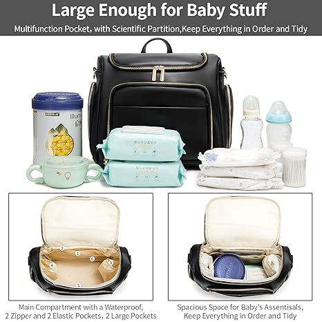 Leather Diaper Bag Backpack with Changing Pad - Multi-Function Large Capacity Baby Bag with Adjustable Shoulder Strap & Stroller Straps