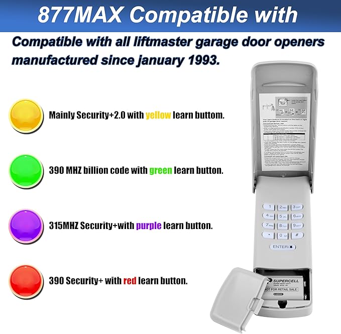 Universal Wireless Garage Door Keypad, Keyless Entry for Liftmaster/Chamberlain/Craftsman Openers,5 Color Learn Buttons, Replaces 877max (Garage Door Keypad-877MAX)