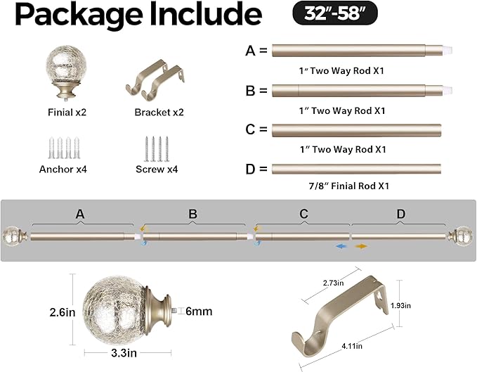 KAMANINA 1 Inch Curtain Rod 32 to 58 Inches (2.6-4.8ft), Champagne Gold Curtain Rods for Windows, Single Drapery Rods with Crackle Glass Finials