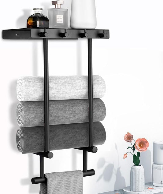 Toallero de pared con estante de metal y 4 ganchos, toallero de acero inoxidable para baño pequeño, almacenamiento de toallas de baño, organizador de estante de toallas enrolladas, negro mate