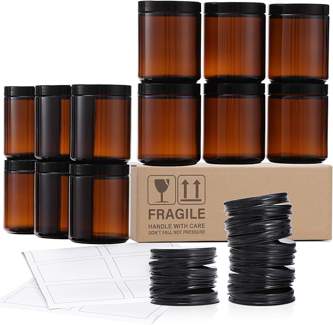 12 Pack, 8 OZ Thick Glass Jars with Lids, Dark Amber Candle Jars with 12 Metal & 12 Plastic Lids - Empty Round Food Storage Containers, Canning Jar For Spice, Powder, Liquid, Sample - Dishwasher Safe