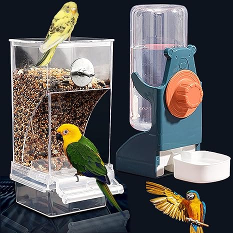 No Mess Bird Feeder Water Dispenser Set, Automatic Parrot Feeder Cage Accessories, Clear Parakeet Seed Container Food Feeder Drinker for Cage, Cockatiel Finch Lovebirds Budgies Canary (Blue)